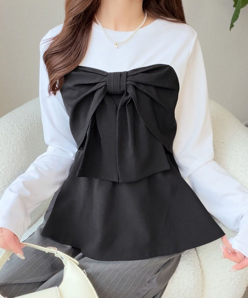 【mily bilet】心ときめく、ビッグリボン♪フロントリボン ドッキング長袖Tシャツ mi1269019