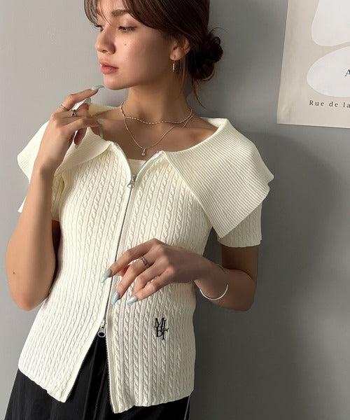 【mily bilet】抜け感レディースタイル。ロゴ刺繍オフショル２WAYダブルジップケーブル柄サマーニット（半袖） mi1029121