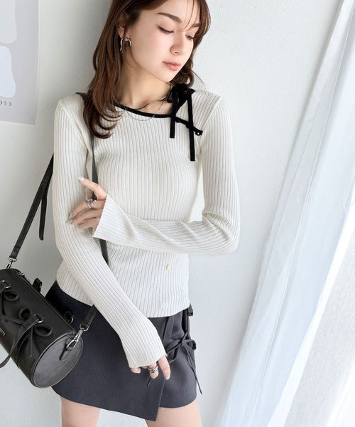 【mily bilet】春夏の新定番！くるみボタンアシンメトリーネックボーダーリブニット(長袖） mi1029111