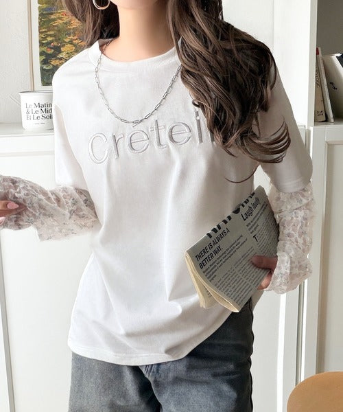 レースでカジュアルの中に女性らしさをプラス!レイヤード風レース袖ドッキングTシャツ（レース柄アソート） ce1010561
