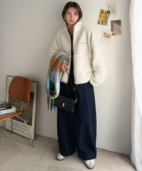 《JaVaジャバコラボ》ほっこり可愛い♪大人のもこもこボア切り替えスタンドネックブルゾン(ミドル丈) jv1265093