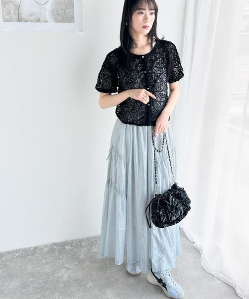 【mily bilet】大人の華やかトップス。ハートボタン使い前後2way花柄レースコード刺繍カーディガン(半袖） mi1019069
