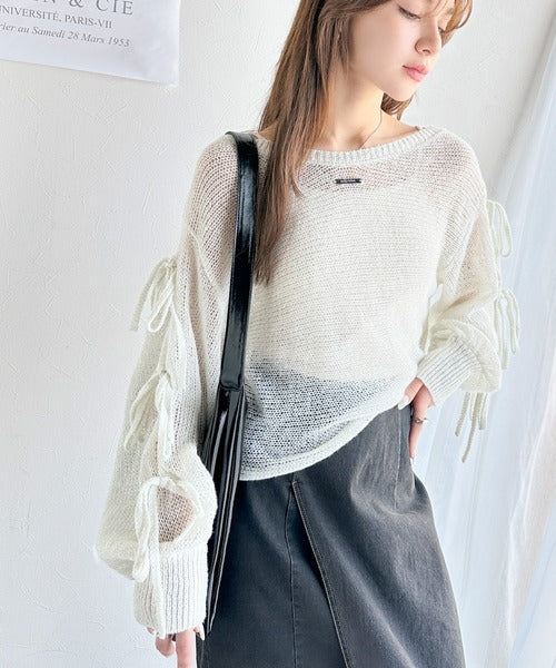 【mily bilet】大人のきらめき。プレートデザイン透かし編み袖リボンラメニット(ワンオフショル2way) mi1259009