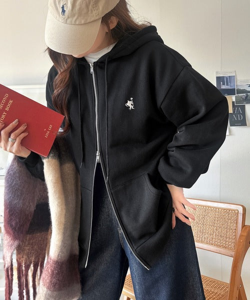 羽織って暖か、さらりと洒落感。胸元ワンポイント刺繍裏起毛ダブルジップパーカー（長袖） ce1260601