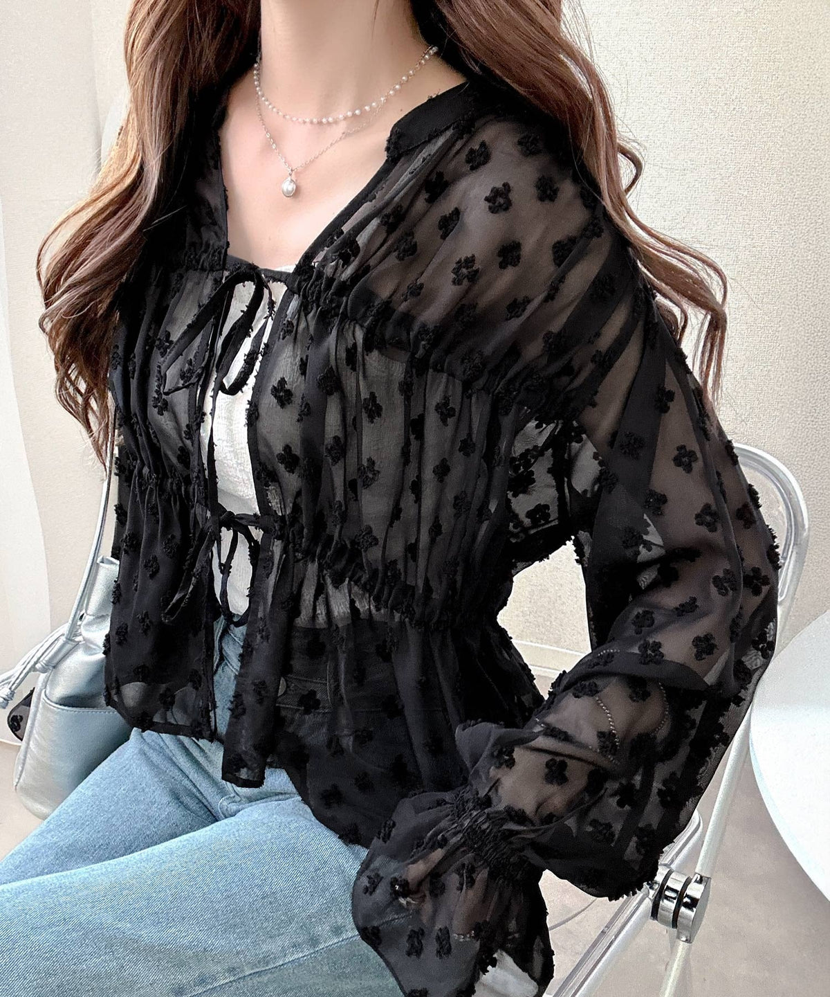 【mily bilet】透け感シフォンでつくる、大人の可憐スタイル。花柄シフォンカーデブラウス（長袖） mi1019105