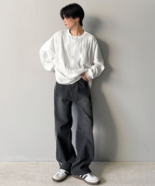 ゆるさとスタイリッシュを両立。オーバーサイズウェーブ柄ジャガード長袖Ｔシャツ cm1010428
