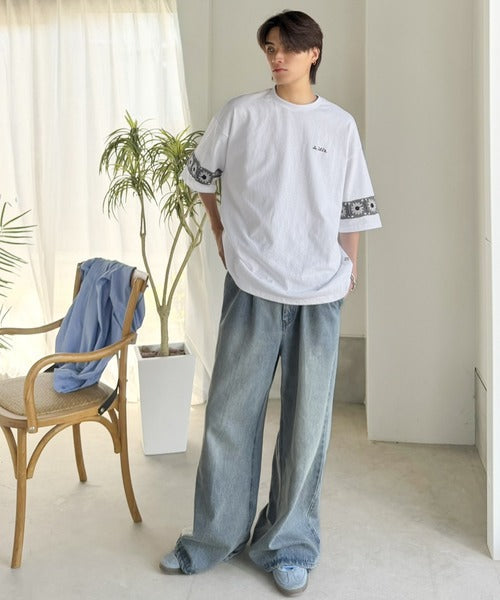 《JaVaジャバコラボ》袖先に遊びと清涼感を。袖クロシェ編み 配色切り替えデザインTシャツ jo1150094