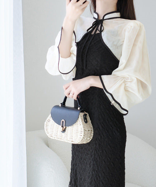 【mily bilet】トレンドをかわいく楽しんで♪パイピング配色シアーボレロセットアップ花柄レースキャミワンピース mi1139083