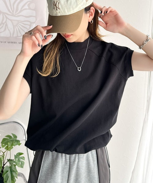 綿100%USAコットン。大人のモックネックフレンチラグラン裾ドロストシンプルTシャツ ce0780080