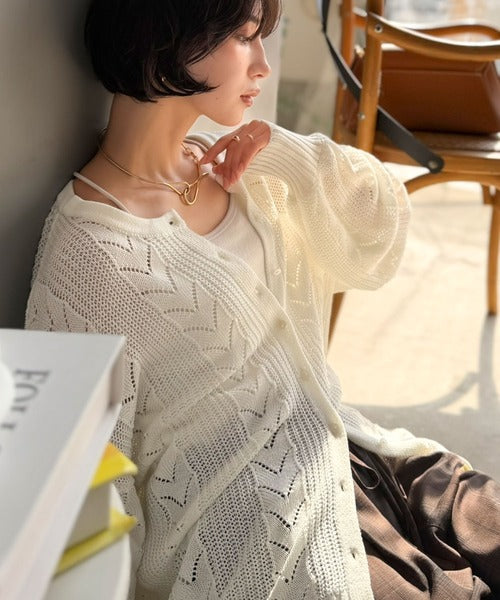 【Classical Evon】レトロな編み柄で華やぐ1枚。着回し抜群の 前後2way透かし編みニットカーディガン(長袖) ev1050375