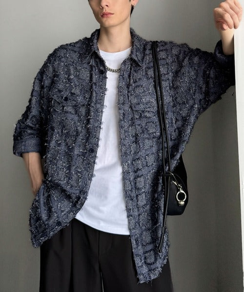 【Classical Origin】「1歩先の存在感。」フリンジ使いブロックチェックアウターシャツ（長袖）/Fringed Block Check Outer Shirt co1010021