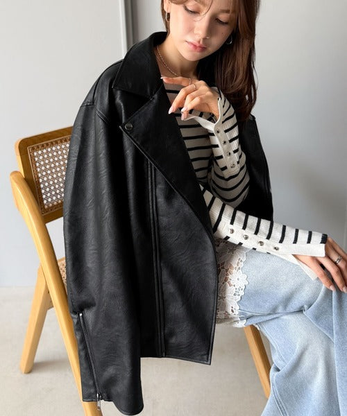 《JaVaジャバコラボ》甘さ控えめ、無敵の女っぽさ。フェイクレザーダブルライダースジャケット jv1010466