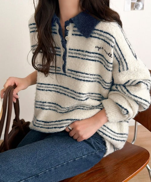 メンズライクに女子っぽさを。胸刺繍ブークレ配色ボーダーニットポロ（長袖） ce1240142