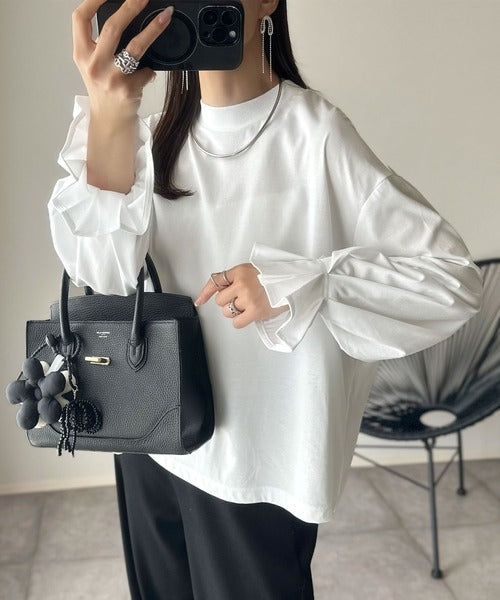 ひとさじの甘さ。微光沢仕立て、シルケット加工ハイネックキャンディスリーブTシャツ（長袖） ce1020306