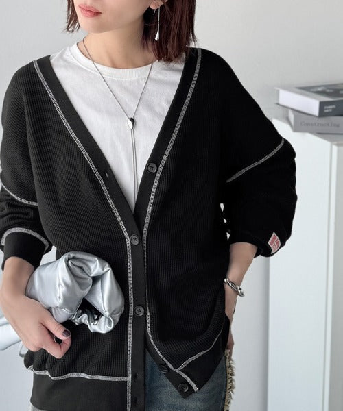 《JaVaジャバコラボ》ラフで上品な大人のゆるカジュアル。配色ステッチVネックワッフルカーディガン（長袖） jv1260505