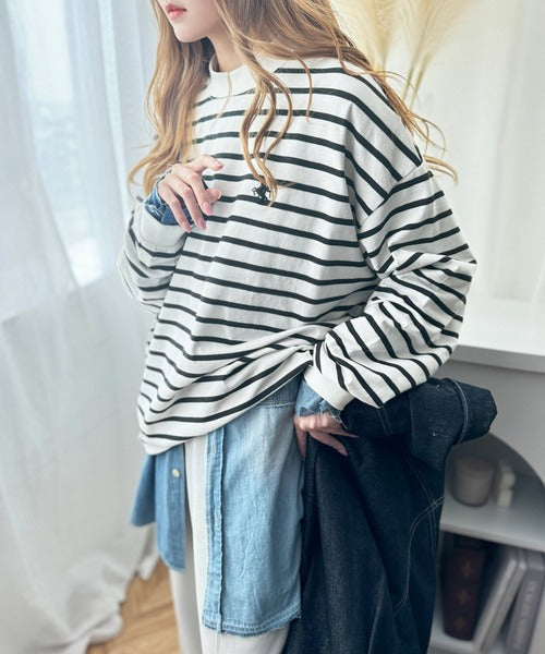 大人リラックススタイル。ワンポイント刺繍モックネック長袖Tシャツ（無地・ボーダー） ce1050216