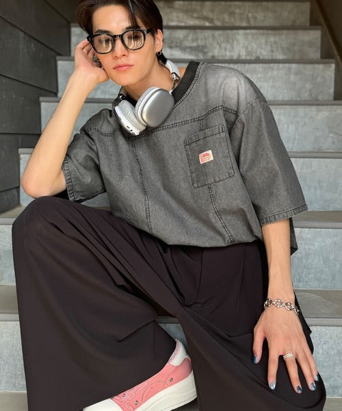 《JaVaジャバコラボ》綿100％ヴィンテージ加工アウターデニムTシャツ jo1010007