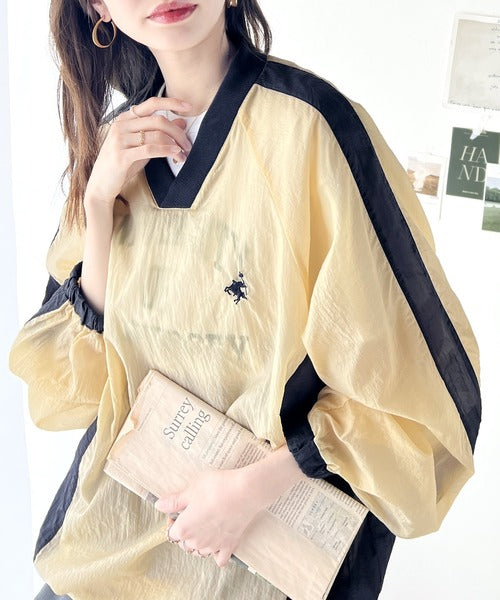 レトロ配色が今っぽ！胸刺繍配色シアー裾ドロストVネックプルオーバー ce1110082