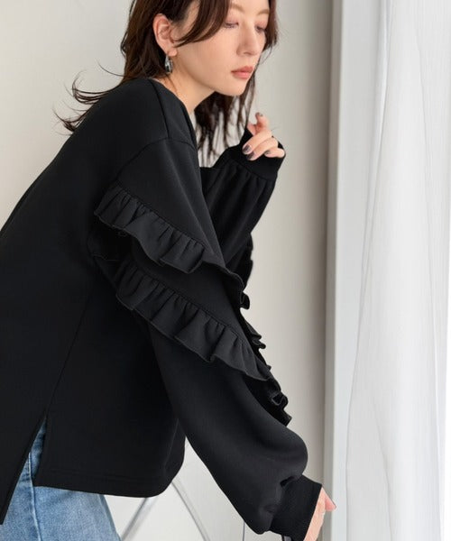 《JaVaジャバコラボ》6色展開♪スウェット界の甘さ革命!!!着心地あったか！袖2段フリル裏起毛オーバーサイズスウェット jv1010683