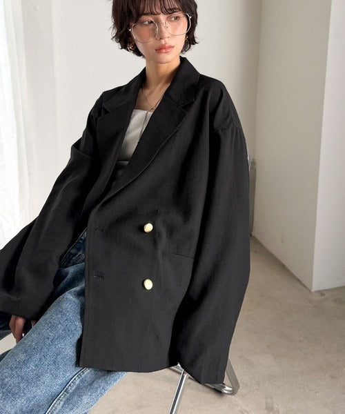 【UVカット、防シワ、接触冷感、吸水速乾機能付き】さらり羽織れるライトさで、楽なのに上品見え。ビックシルエット金ボタンダブルジャケット ce1265041
