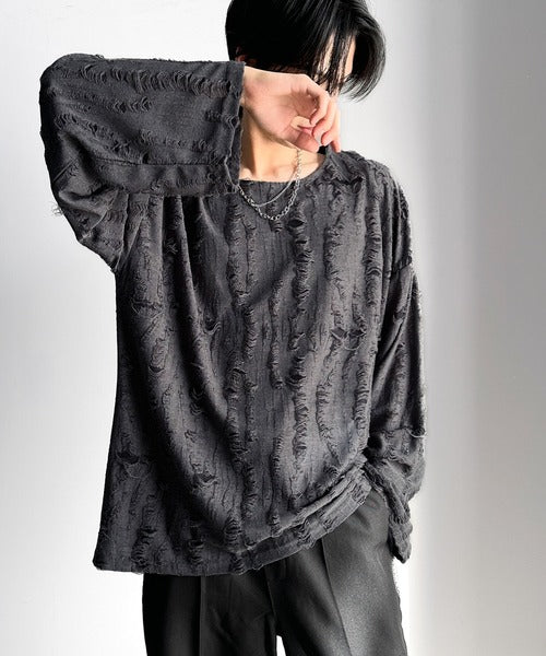 グランジを楽しむ旬スタイル。ダメージ加工ビッグシルエットジャカードカットソーTシャツ（長袖） cm1010420