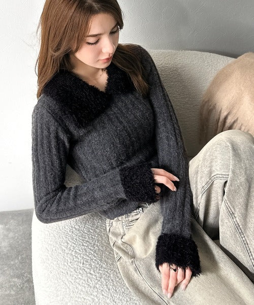 【mily bilet】可愛さ、ふわり2倍増し◎配色ファー衿リブニットプルオーバー（長袖） mi1029145