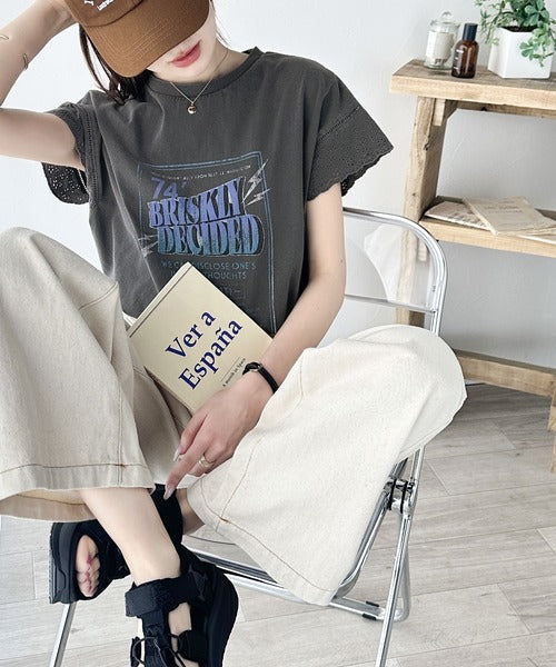 《Javaジャバコラボ》ヴィンテージライクなデザイン。綿100％袖レースピグメントロックTシャツ jv1050164