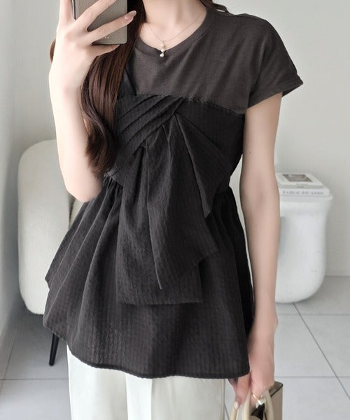 【mily bilet】忙しい朝も悩まない、初夏の一軍トップス。リボンビスチェドッキングTシャツ (半袖) mi1019145