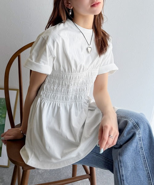 ふわっと広がるAラインで魅せる。シャーリングデザインTシャツ（半袖） ce1050298