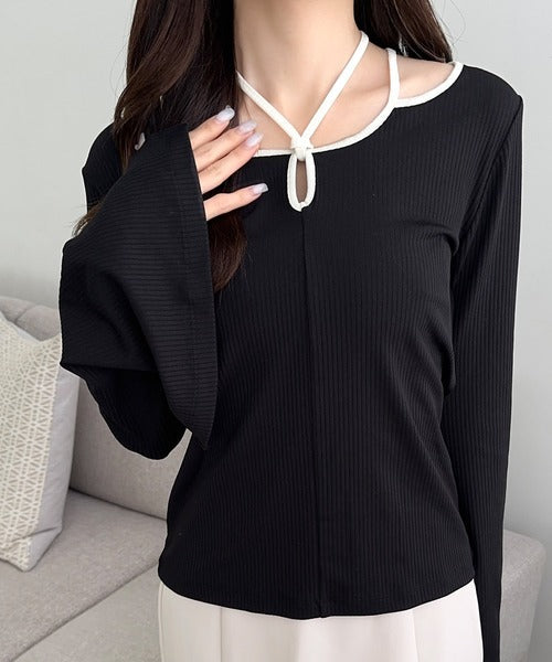 【mily bilet】程よい肌見せで女性らしく。チョーカー使いパイピング配色袖フレアカットソー mi1249001