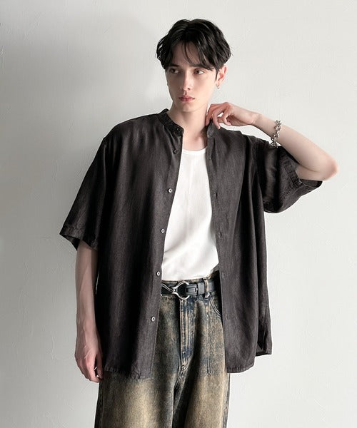Rayon Denim Band Collar Relaxed Shirt／ヴィンテージ加工ルーズフィットデニムシャツ co1150011