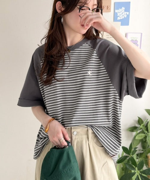 《JaVaジャバコラボ》お洒落迷子の救世主。綿100％胸刺繍ラグラン配色ボーダーTシャツ jv1260558