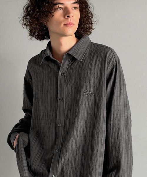 【Classical Origin】「凹凸感の存在感。」綿100％胸元刺繍入りドビー織シャツ（長袖）／Dobby Weave  Embroidered Shirt co1320003