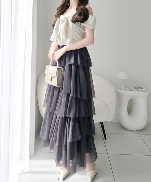 【mily bilet】一枚に大人可愛いを凝縮。リボンデザイントップス×チュールスカートドッキングキャミワンピース (ロング丈) mi1139113