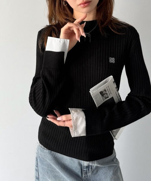 【mily bilet】1枚で完成♪重ね着風デザイン◎カシミアタッチ袖カフスレイヤード刺繍ニット mi1259018