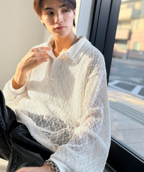 「透け感、モードの余韻。」衿ダブルライン使いレース柄ニットポロシャツ／Double-Line Collar Lace Pattern Knit Polo Shirt co1010049