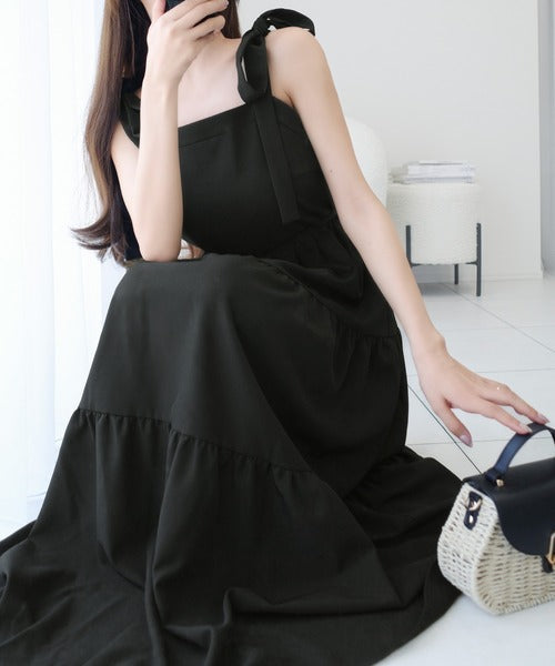 【mily bilet】上品な大人の甘さ惹き立てる、麻ライクなリボン使いキャミティアードワンピース（ロング） mi0789008