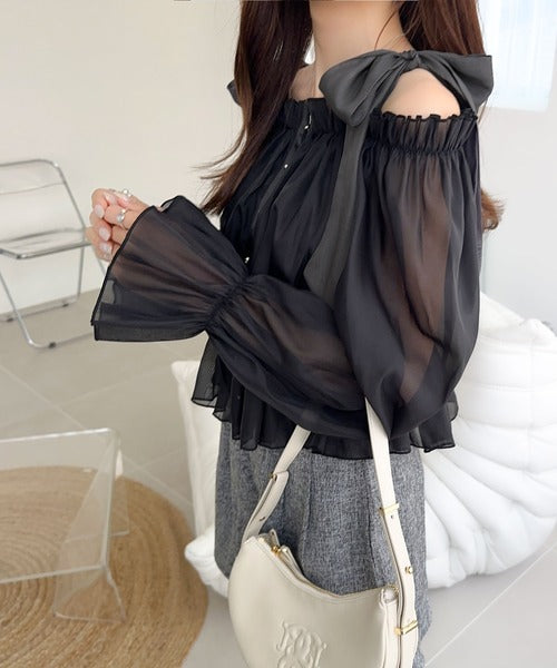 【mily bilet】大人愛され甘め主役級トップス。肩リボンオフショル２WAYオーガンジーブラウス(長袖) mi1359008