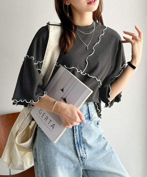 Tシャツより可愛く、スウェットより軽やか♪5分袖メロウ切替裏毛トップス ce1020310
