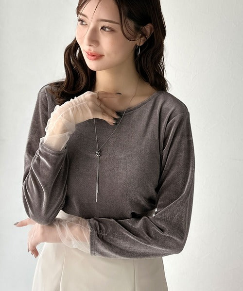 【mily bilet】異素材ミックスで魅せる◎シアーベロア袖メッシュ切り替えプルオーバー mi1269008