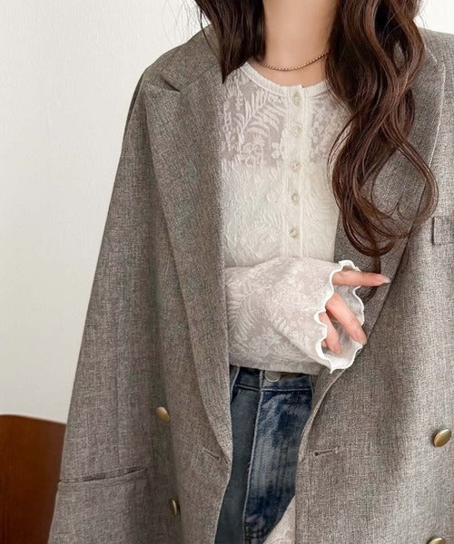 コーデに花を咲かせる♪花柄シアージャガードヘンリーネックフリル使いトップス（長袖） ce1010687