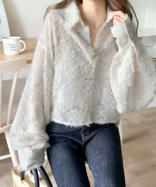 【mily bilet】１枚で華やか。シャギーシアージャガードクロップドシャツ mi1149047