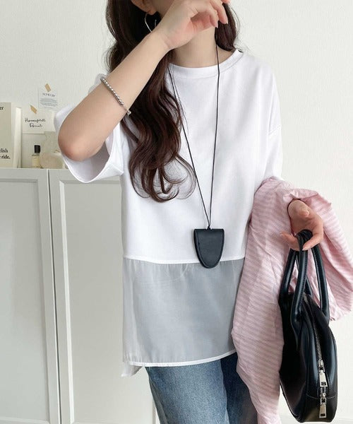 春夏に涼しさ引き立てる透け感が◎裾シアー切り替えライトダンボール半袖Tシャツ ce1110116
