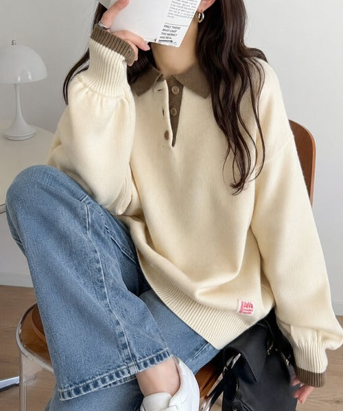 《JaVaジャバコラボ》たっぷりポロが可愛い。配色襟付きヘンリーオーバーサイズニット (長袖) jv1350020
