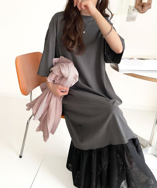 【JaVa ジャバコラボ】トレンドスタイル即完成!レイヤード風チュールコンビTシャツワンピース jv1260364