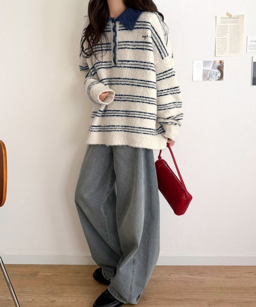 メンズライクに女子っぽさを。胸刺繍ブークレ配色ボーダーニットポロ（長袖） ce1240142
