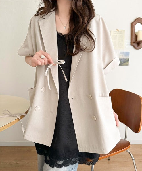 【mily bilet】甘さひとさじ、きれいに決まる。リボンストラップ付き半袖テーラードジャケット（オーバーサイズ） mi1019137