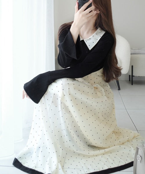 【mily bilet】清楚見えする切り替え配色フレア袖ドッキングワンピース（ロング丈） mi1139094