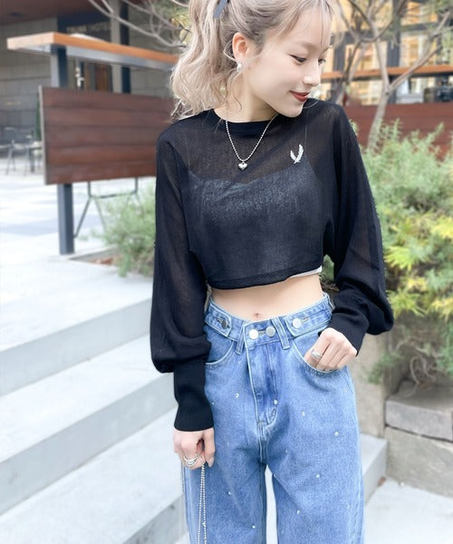 【mily bilet】ヘルシーな肌見せ感。前後2WAY胸刺繍シアーニットボレロ mi1029048