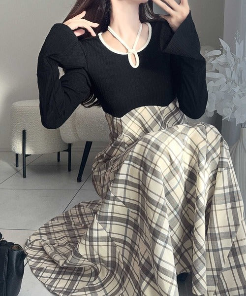 【mily bilet】大人の上品さをブラッシュアップ。チョーカー使い配色パイピングカットソードッキングチェックワンピース mi1139055